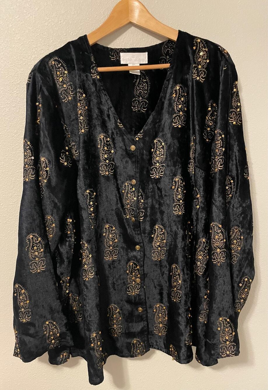 Soft Surroundings Top Womens 2X Black Velvet Paisley Sequin Embroidered Boho
